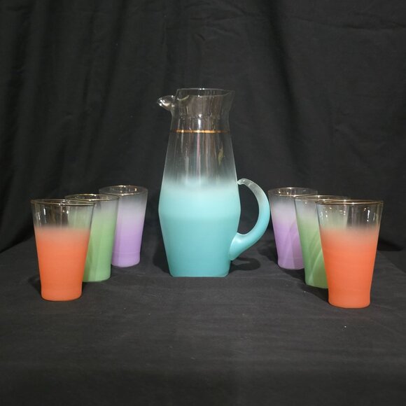 Vtg Blendo West Virginia Glass Specialty Pitcher Turquoise w 6x Flat Tumblers - Picture 1 of 8